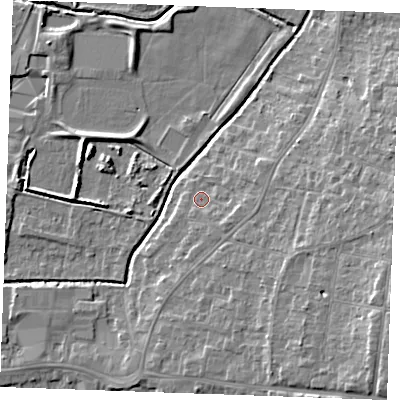 Shaded relief map of the ground around PE304BW, computed from Environment Agency LiDAR. The ground here sits at about 5 m above sea level and falls 11 m across the surrounding 800 m. Surface water reaching this point runs off ground lying to the south-east, 2.2 m higher.