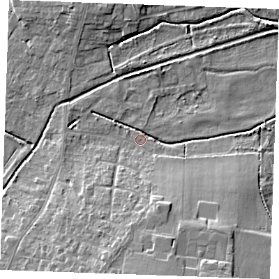 Shaded relief map of the ground around PE304BX, computed from Environment Agency LiDAR. The ground here sits at about 3 m above sea level and falls 12 m across the surrounding 800 m. Surface water reaching this point runs off ground lying to the south, 11.6 m higher.