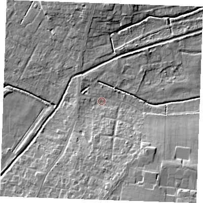 Shaded relief map of the ground around PE304BY, computed from Environment Agency LiDAR. The ground here sits at about 3 m above sea level and falls 12 m across the surrounding 800 m. Surface water reaching this point runs off ground lying to the south-south-east, 10.1 m higher.