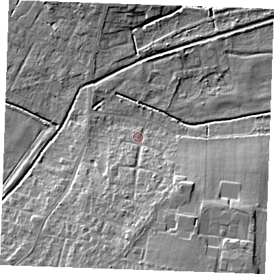 Shaded relief map of the ground around PE304BZ, computed from Environment Agency LiDAR. The ground here sits at about 4 m above sea level and falls 12 m across the surrounding 800 m. Surface water reaching this point runs off ground lying to the south-south-east, 9.6 m higher.