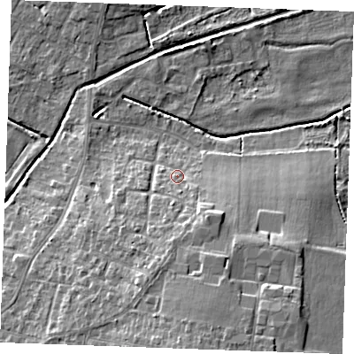 Shaded relief map of the ground around PE304DA, computed from Environment Agency LiDAR. The ground here sits at about 6 m above sea level and falls 13 m across the surrounding 800 m. Surface water reaching this point runs off ground lying to the south-south-east, 3.8 m higher.