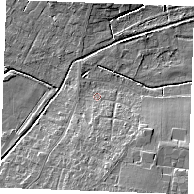 Shaded relief map of the ground around PE304DB, computed from Environment Agency LiDAR. The ground here sits at about 5 m above sea level and falls 12 m across the surrounding 800 m. Surface water reaching this point runs off ground lying to the south, 2.3 m higher.