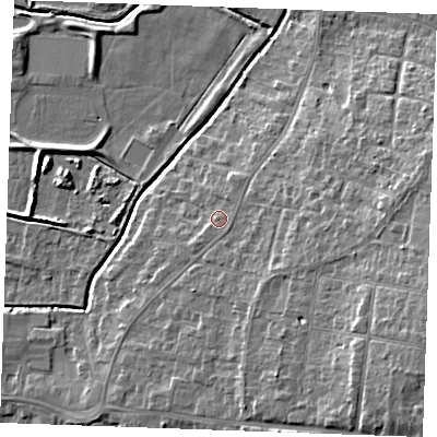 Shaded relief map of the ground around PE304DJ, computed from Environment Agency LiDAR. The ground here sits at about 6 m above sea level and falls 13 m across the surrounding 800 m. Surface water reaching this point runs off ground lying to the east-south-east, 1.1 m higher.