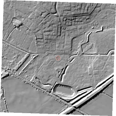 Shaded relief map of the ground around PE304DL, computed from Environment Agency LiDAR. The ground here sits at about 2 m above sea level and falls 15 m across the surrounding 800 m. Surface water reaching this point runs off ground lying to the north, 8.5 m higher.