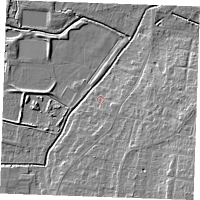 Shaded relief map of the ground around PE304DN, computed from Environment Agency LiDAR. The ground here sits at about 5 m above sea level and falls 13 m across the surrounding 800 m. Surface water reaching this point runs off ground lying to the south-south-east, 2.2 m higher.