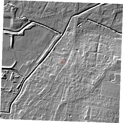Shaded relief map of the ground around PE304DR, computed from Environment Agency LiDAR. The ground here sits at about 6 m above sea level and falls 13 m across the surrounding 800 m. Surface water reaching this point runs off ground lying to the south-east, 8.7 m higher.