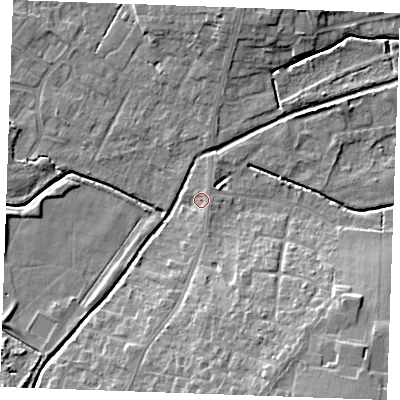 Shaded relief map of the ground around PE304DW, computed from Environment Agency LiDAR. The ground here sits at about 4 m above sea level and falls 12 m across the surrounding 800 m. Surface water reaching this point runs off ground lying to the south, 1.8 m higher.