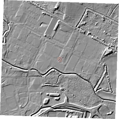 Shaded relief map of the ground around PE304DX, computed from Environment Agency LiDAR. The ground here sits at about 3 m above sea level and falls 7 m across the surrounding 800 m. Surface water reaching this point runs off ground lying to the north-east, 0.8 m higher.