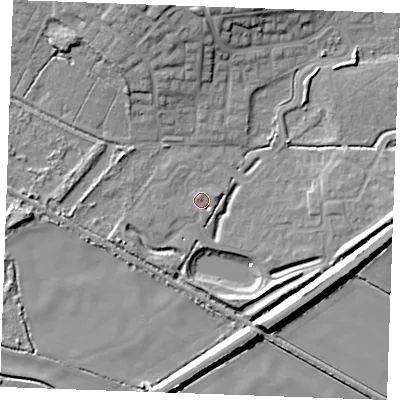Shaded relief map of the ground around PE304EJ, computed from Environment Agency LiDAR. The ground here sits at about 3 m above sea level and falls 14 m across the surrounding 800 m. Surface water reaching this point runs off ground lying to the north, 13.4 m higher.