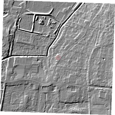Shaded relief map of the ground around PE304EZ, computed from Environment Agency LiDAR. The ground here sits at about 5 m above sea level and falls 10 m across the surrounding 800 m. Surface water reaching this point runs off ground lying to the east-south-east, 1.8 m higher.