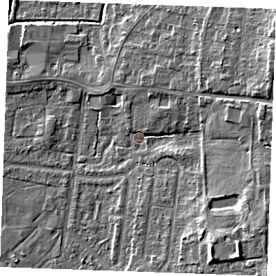 Shaded relief map of the ground around PE304FU, computed from Environment Agency LiDAR. The ground here sits at about 5 m above sea level and falls 11 m across the surrounding 800 m. Surface water reaching this point runs off ground lying to the south-east, 8.9 m higher.