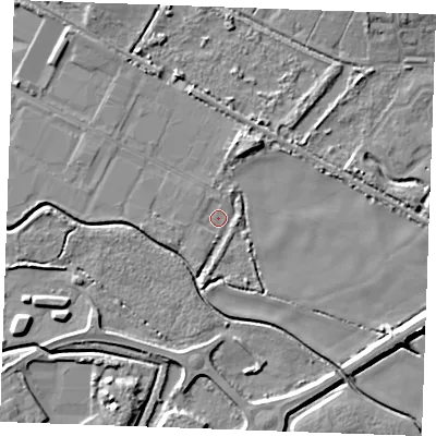 Shaded relief map of the ground around PE304GF, computed from Environment Agency LiDAR. The ground here sits at about 2 m above sea level and falls 7 m across the surrounding 800 m. Surface water reaching this point runs off ground lying to the west-south-west, 2.0 m higher.