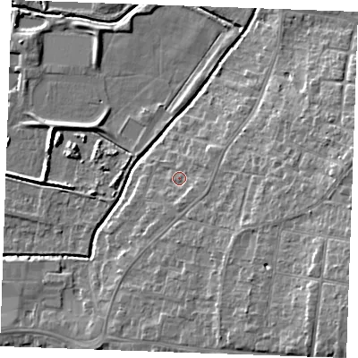 Shaded relief map of the ground around PE304GG, computed from Environment Agency LiDAR. The ground here sits at about 5 m above sea level and falls 12 m across the surrounding 800 m. Surface water reaching this point runs off ground lying to the east-south-east, 1.8 m higher.