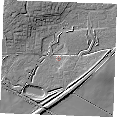 Shaded relief map of the ground around PE304GN, computed from Environment Agency LiDAR. The ground here sits at about 4 m above sea level and falls 15 m across the surrounding 800 m. Surface water reaching this point runs off ground lying to the south-east, 4.6 m higher.