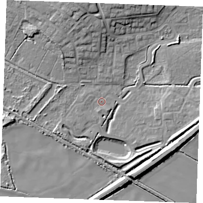 Shaded relief map of the ground around PE304GR, computed from Environment Agency LiDAR. The ground here sits at about 3 m above sea level and falls 15 m across the surrounding 800 m. Surface water reaching this point runs off ground lying to the north-north-west, 14.5 m higher.