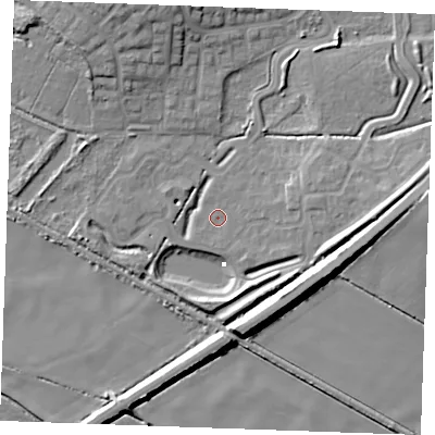 Shaded relief map of the ground around PE304GT, computed from Environment Agency LiDAR. The ground here sits at about 2 m above sea level and falls 12 m across the surrounding 800 m. Surface water reaching this point runs off ground lying to the south-east, 10.7 m higher.
