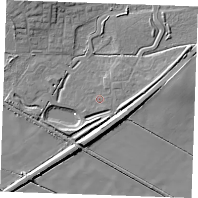 Shaded relief map of the ground around PE304GW, computed from Environment Agency LiDAR. The ground here sits at about 3 m above sea level and falls 11 m across the surrounding 800 m. Surface water reaching this point runs off ground lying to the east-north-east, 3.8 m higher.