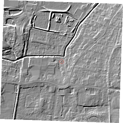 Shaded relief map of the ground around PE304HD, computed from Environment Agency LiDAR. The ground here sits at about 3 m above sea level and falls 9 m across the surrounding 800 m. Surface water reaching this point runs off ground lying to the east-south-east, 4.2 m higher.