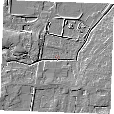 Shaded relief map of the ground around PE304HE, computed from Environment Agency LiDAR. The ground here sits at about 3 m above sea level and falls 6 m across the surrounding 800 m. Surface water reaching this point runs off ground lying to the east-south-east, 5.3 m higher.