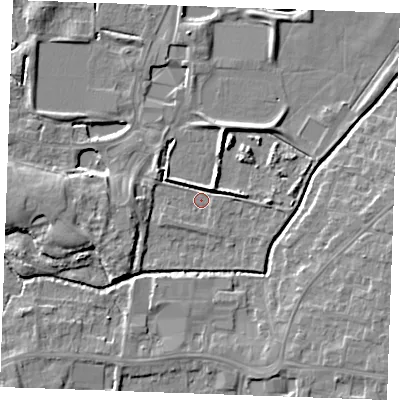 Shaded relief map of the ground around PE304HF, computed from Environment Agency LiDAR. The ground here sits at about 3 m above sea level and falls 6 m across the surrounding 800 m. Surface water reaching this point runs off ground lying to the west-south-west, 3.9 m higher.