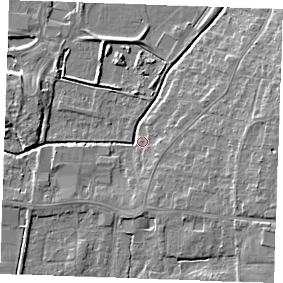 Shaded relief map of the ground around PE304HH, computed from Environment Agency LiDAR. The ground here sits at about 4 m above sea level and falls 9 m across the surrounding 800 m. Surface water reaching this point runs off ground lying to the east-south-east, 7.8 m higher.