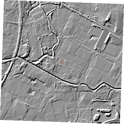 Shaded relief map of the ground around PE304HP, computed from Environment Agency LiDAR. The ground here sits at about 3 m above sea level and falls 7 m across the surrounding 800 m. Surface water reaching this point runs off ground lying to the south-south-west, 0.7 m higher.