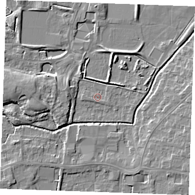 Shaded relief map of the ground around PE304HQ, computed from Environment Agency LiDAR. The ground here sits at about 3 m above sea level and falls 6 m across the surrounding 800 m. Surface water reaching this point runs off ground lying to the south-west, 0.9 m higher.