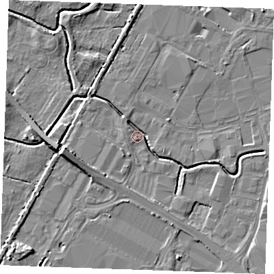 Shaded relief map of the ground around PE304HX, computed from Environment Agency LiDAR. The ground here sits at about 4 m above sea level and falls 8 m across the surrounding 800 m. Surface water reaching this point runs off ground lying to the south-east, 4.1 m higher.