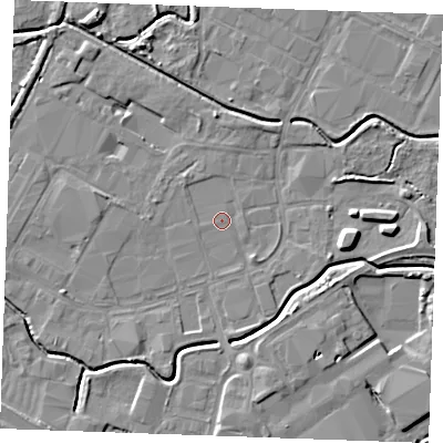 Shaded relief map of the ground around PE304HY, computed from Environment Agency LiDAR. The ground here sits at about 2 m above sea level and falls 5 m across the surrounding 800 m. Surface water reaching this point runs off ground lying to the south-south-east, 4.5 m higher.