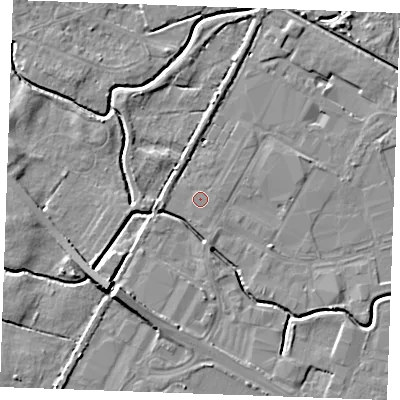 Shaded relief map of the ground around PE304JB, computed from Environment Agency LiDAR. The ground here sits at about 3 m above sea level and falls 8 m across the surrounding 800 m. Surface water reaching this point runs off ground lying to the south-west, 7.6 m higher.