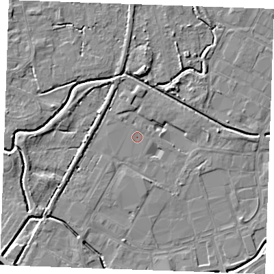 Shaded relief map of the ground around PE304JE, computed from Environment Agency LiDAR. The ground here sits at about 3 m above sea level and falls 8 m across the surrounding 800 m. The ground contributing surface water to this point lies to the north-north-east.