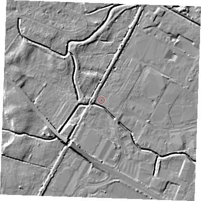 Shaded relief map of the ground around PE304JF, computed from Environment Agency LiDAR. The ground here sits at about 3 m above sea level and falls 8 m across the surrounding 800 m. Surface water reaching this point runs off ground lying to the south-west, 7.6 m higher.