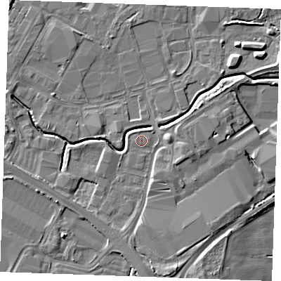 Shaded relief map of the ground around PE304JH, computed from Environment Agency LiDAR. The ground here sits at about 4 m above sea level and falls 6 m across the surrounding 800 m. Surface water reaching this point runs off ground lying to the south, 3.7 m higher.
