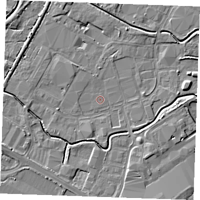 Shaded relief map of the ground around PE304JJ, computed from Environment Agency LiDAR. The ground here sits at about 2 m above sea level and falls 5 m across the surrounding 800 m. Surface water reaching this point runs off ground lying to the south-east, 4.5 m higher.