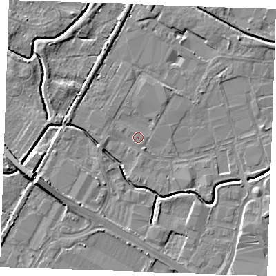 Shaded relief map of the ground around PE304JL, computed from Environment Agency LiDAR. The ground here sits at about 3 m above sea level and falls 8 m across the surrounding 800 m. Surface water reaching this point runs off ground lying to the south-south-east, 4.2 m higher.