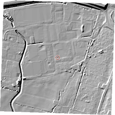 Shaded relief map of the ground around PE304JQ, computed from Environment Agency LiDAR. The ground here sits at about 2 m above sea level and falls 12 m across the surrounding 800 m. Surface water reaching this point runs off ground lying to the east, 1.2 m higher.