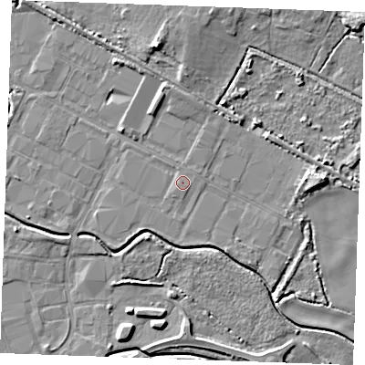 Shaded relief map of the ground around PE304JS, computed from Environment Agency LiDAR. The ground here sits at about 3 m above sea level and falls 8 m across the surrounding 800 m. Surface water reaching this point runs off ground lying to the south-east, 0.8 m higher.
