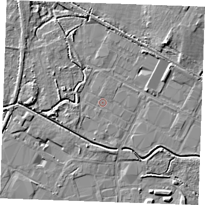 Shaded relief map of the ground around PE304JT, computed from Environment Agency LiDAR. The ground here sits at about 3 m above sea level and falls 7 m across the surrounding 800 m. Surface water reaching this point runs off ground lying to the south-west, 1.5 m higher.