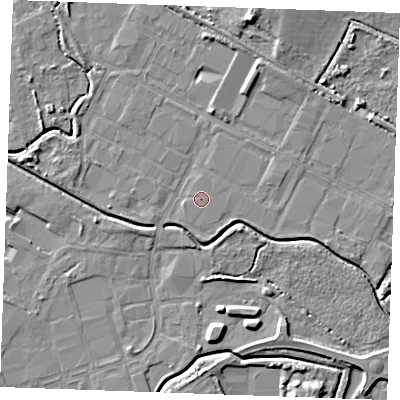 Shaded relief map of the ground around PE304JU, computed from Environment Agency LiDAR. The ground here sits at about 3 m above sea level and falls 7 m across the surrounding 800 m. The ground contributing surface water to this point lies to the south-south-west.