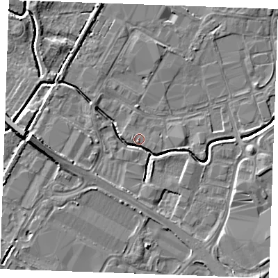 Shaded relief map of the ground around PE304JX, computed from Environment Agency LiDAR. The ground here sits at about 3 m above sea level and falls 8 m across the surrounding 800 m. Surface water reaching this point runs off ground lying to the south-south-east, 4.1 m higher.