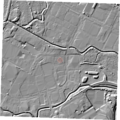 Shaded relief map of the ground around PE304LA, computed from Environment Agency LiDAR. The ground here sits at about 2 m above sea level and falls 5 m across the surrounding 800 m. Surface water reaching this point runs off ground lying to the south, 4.5 m higher.