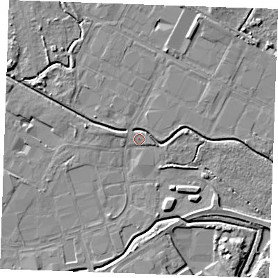 Shaded relief map of the ground around PE304LB, computed from Environment Agency LiDAR. The ground here sits at about 3 m above sea level and falls 6 m across the surrounding 800 m. Surface water reaching this point runs off ground lying to the south-west, 2.2 m higher.