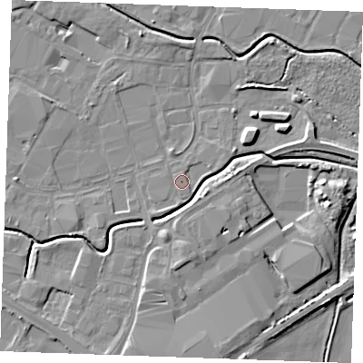 Shaded relief map of the ground around PE304LD, computed from Environment Agency LiDAR. The ground here sits at about 3 m above sea level and falls 6 m across the surrounding 800 m. Surface water reaching this point runs off ground lying to the east-north-east, 0.9 m higher.