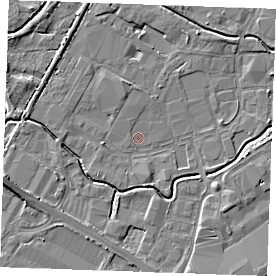 Shaded relief map of the ground around PE304LG, computed from Environment Agency LiDAR. The ground here sits at about 2 m above sea level and falls 7 m across the surrounding 800 m. Surface water reaching this point runs off ground lying to the south-east, 4.5 m higher.