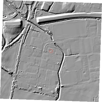 Shaded relief map of the ground around PE304LJ, computed from Environment Agency LiDAR. The ground here sits at about 2 m above sea level and falls 11 m across the surrounding 800 m. Surface water reaching this point runs off ground lying to the north-north-west, 0.8 m higher.