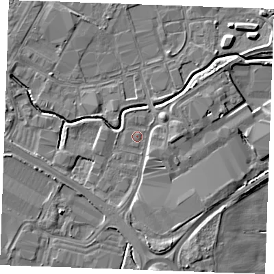 Shaded relief map of the ground around PE304LP, computed from Environment Agency LiDAR. The ground here sits at about 4 m above sea level and falls 6 m across the surrounding 800 m. Surface water reaching this point runs off ground lying to the south-south-west, 1.8 m higher.
