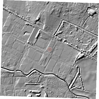Shaded relief map of the ground around PE304LS, computed from Environment Agency LiDAR. The ground here sits at about 3 m above sea level and falls 9 m across the surrounding 800 m. The ground contributing surface water to this point lies to the south.