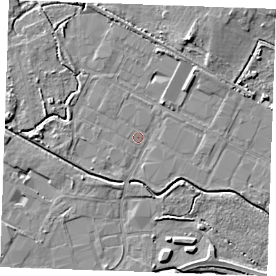 Shaded relief map of the ground around PE304LW, computed from Environment Agency LiDAR. The ground here sits at about 3 m above sea level and falls 7 m across the surrounding 800 m. Surface water reaching this point runs off ground lying to the south-west, 1.4 m higher.
