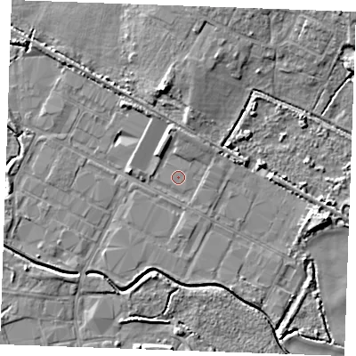 Shaded relief map of the ground around PE304LX, computed from Environment Agency LiDAR. The ground here sits at about 3 m above sea level and falls 9 m across the surrounding 800 m. The ground contributing surface water to this point lies to the south-south-east.