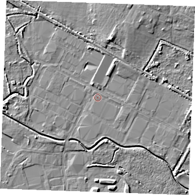 Shaded relief map of the ground around PE304LZ, computed from Environment Agency LiDAR. The ground here sits at about 3 m above sea level and falls 7 m across the surrounding 800 m. Surface water reaching this point runs off ground lying to the east-south-east, 0.9 m higher.